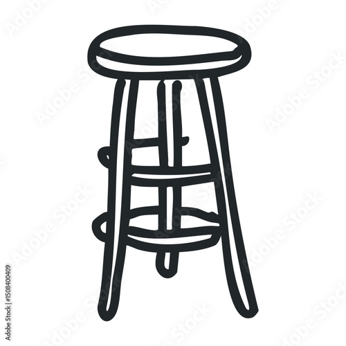 Simple wooden bar stool with round seat and four legs – stock vector icon in line drawing style