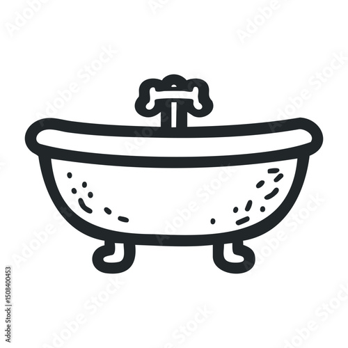 Vintage clawfoot bathtub icon with faucet illustration in outline style – stock vector icon in line drawing style