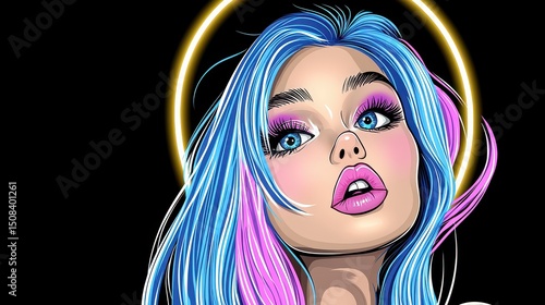 Pixel Art Portrait Young Woman with Blue and Pink Hair and Glowing Halo