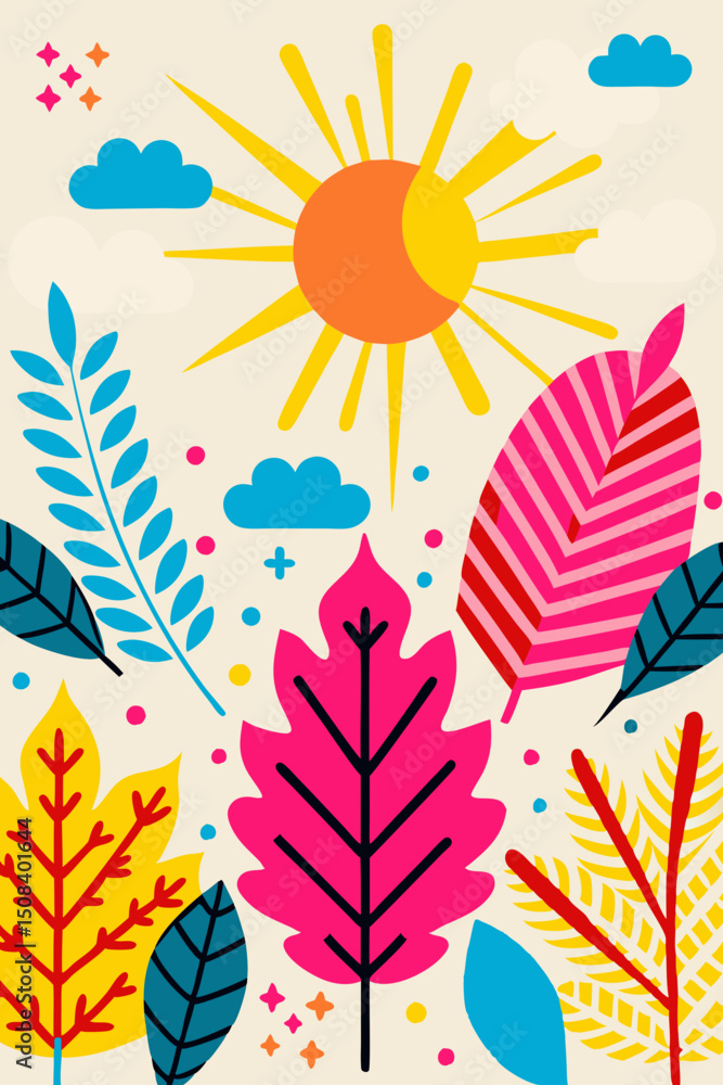 Fototapeta premium Colorful leaves with sun and clouds in a vibrant design