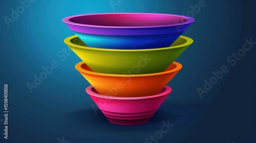 A colorful stack of four bowls, with a blue background.