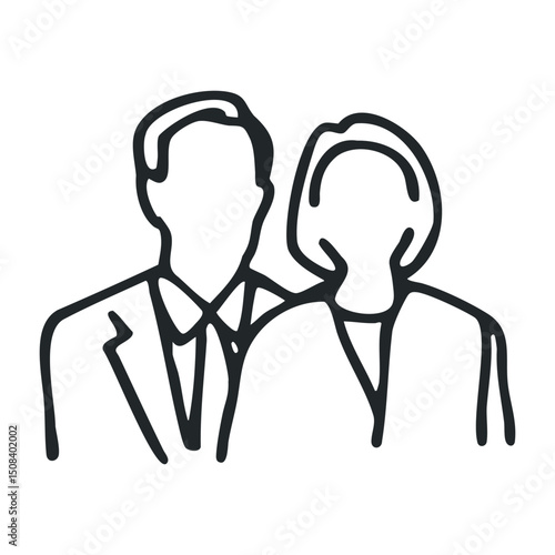 Outline of a caucasian male and female in formal attire – stock vector icon in line drawing style