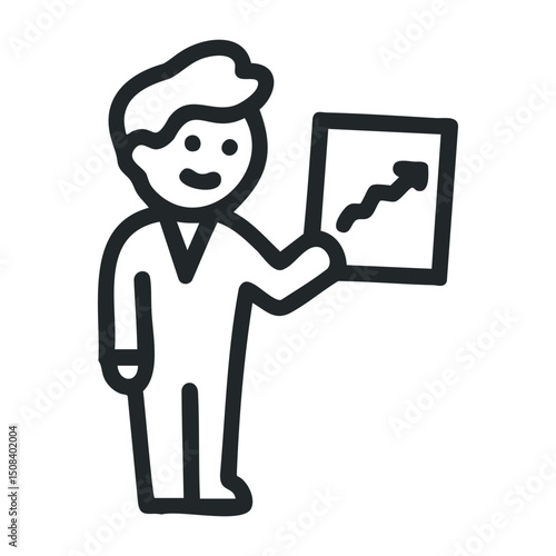 Cartoon business presentation with male figure pointing at growth chart – stock vector icon in line drawing style