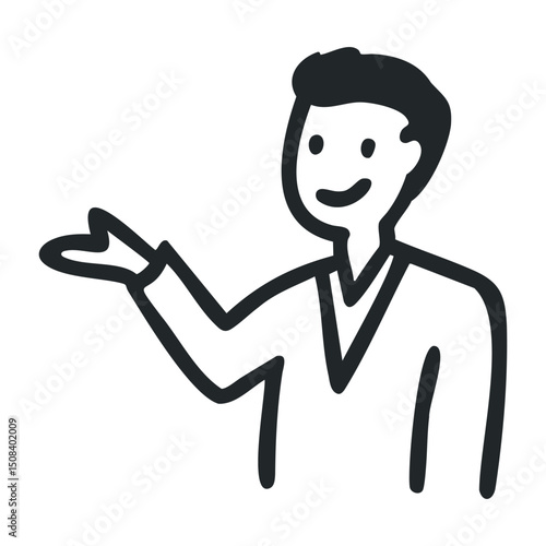 Smiling male figure with gesture pose in simple sketch style – stock vector icon in line drawing style