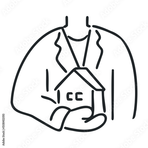 Line drawing of person holding a house icon symbolizing home ownership and real estate – stock vector icon in line drawing style