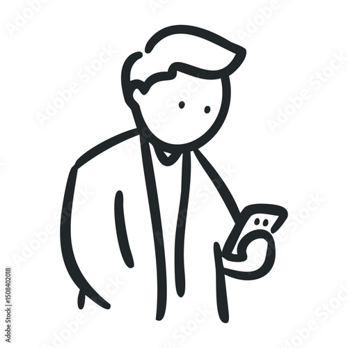 Outline of male adult holding smartphone casual pose icon style – stock vector icon in line drawing style