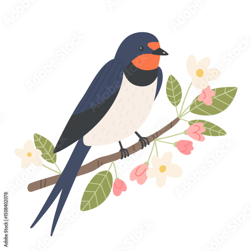 Cute swallow bird sitting on blooming apple tree branch. Vector cartoon illustration of bird on branch with flowers on white background.