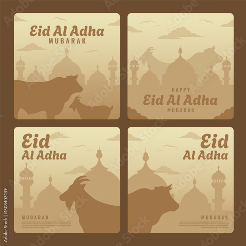 instagram posts collection for islamic eid al-adha celebration with illustration of goat and cow