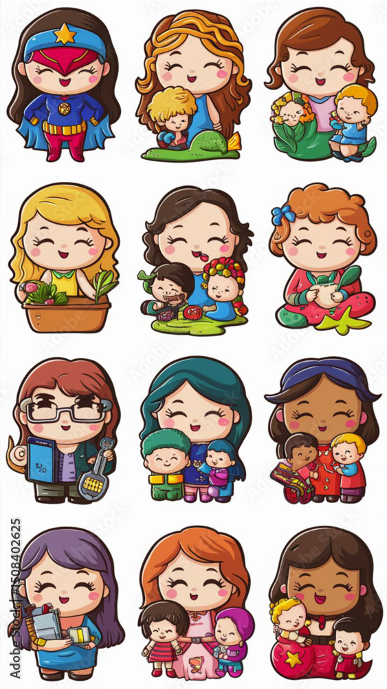 A collection of twelve diverse and adorable mother figures as cartoon stickers A collection of twelve diverse and adorable mother figures as cartoon stickers