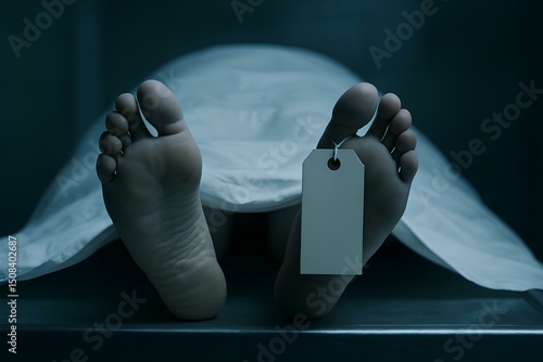 Close-up of the empty identification tag on the toe of the deceased, the body of a deceased person lying on a metal table in the morgue, covered with a white sheet.  Gloomy, cold lighting.