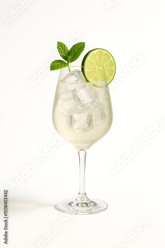 Elegant Hugo Spritz Cocktail with Lime and Mint on White Background - Minimalist Refreshing Summer Drink in Wine Glass with Ice Cubes