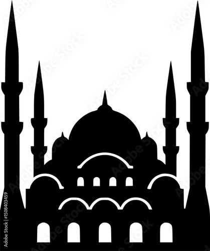 Grand Ottoman-style mosque with a large central dome, two tiers of side domes, and four slender minarets.	