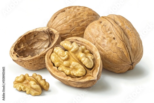 High resolution walnuts image three whole walnuts and one cracked open revealing the nutmeat inside isolated on white background