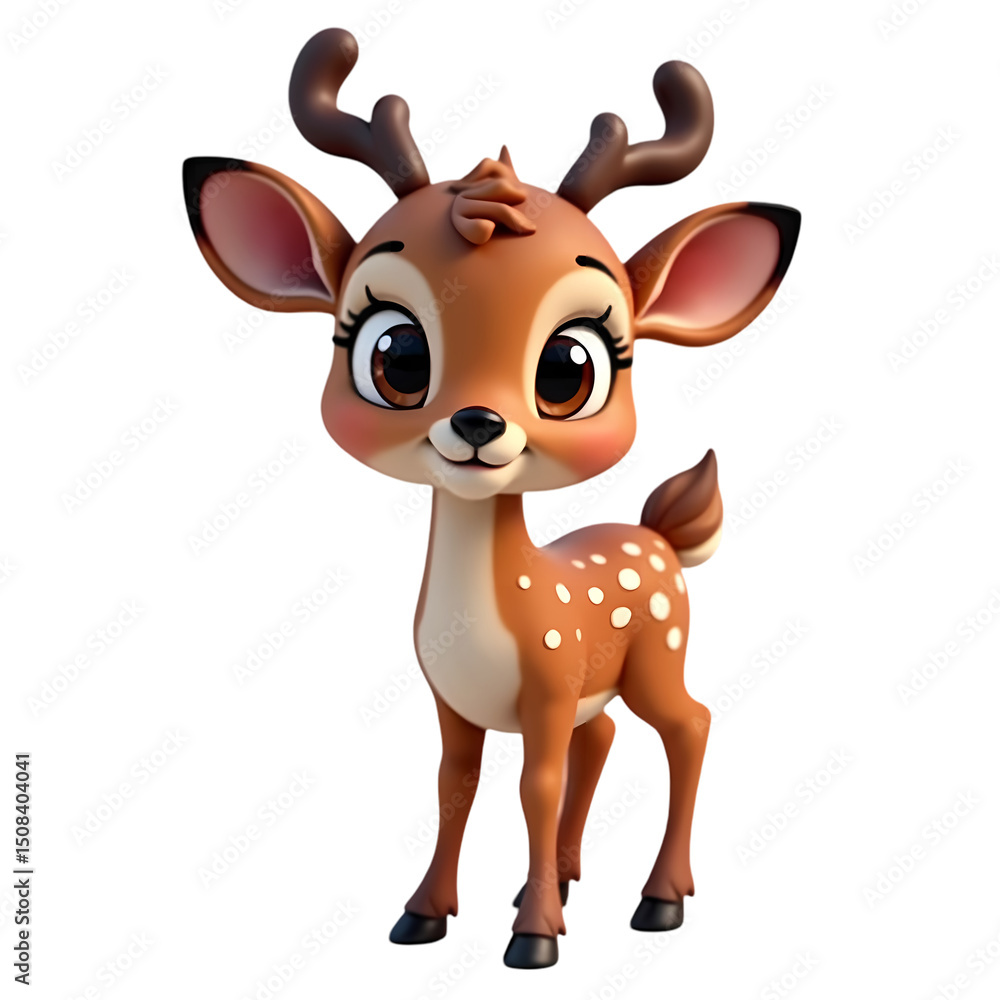 A cartoon fawn with large eyes and small antlers standing on a black background in a full shot view isolated on transparent background A cartoon fawn with large eyes and small antlers standing on a black background in a full shot view isolated on transparent background