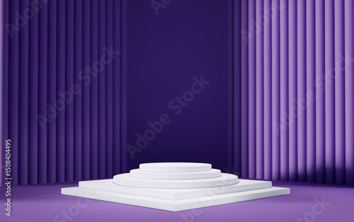 3d purple room background with white podium and column. Product display with platform. Abstract geometric light scene.