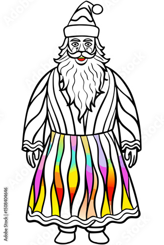 Santa Claus wearing a colorful dress for children’s coloring pages  
