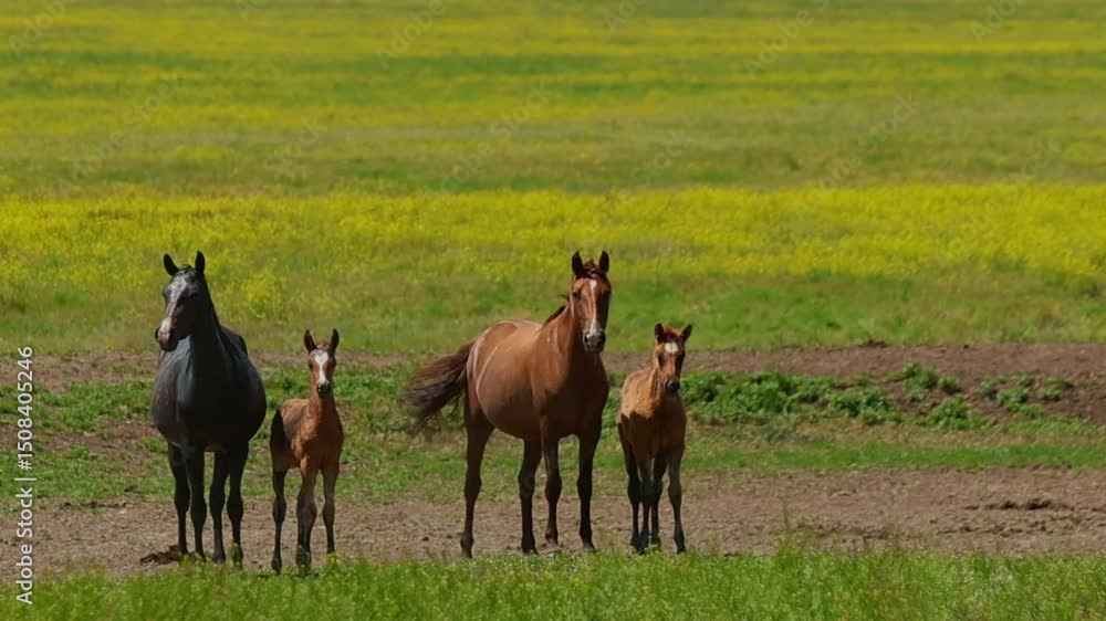 A herd of wild horses gallop across the blooming steppe of the reserve A herd of wild horses gallop across the blooming steppe of the reserve