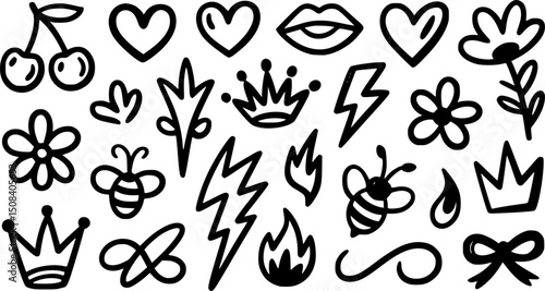 A collection of hand-drawn, blackline icons featuring various popular elements like flowers, hearts, crowns, lips, cherries, bees, and lightning bolts.