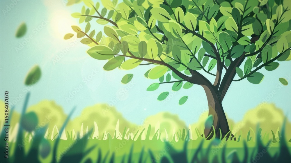 Fototapeta premium A cartoon tree with green leaves and a brown trunk, standing in a grassy field with a blue sky in the background.