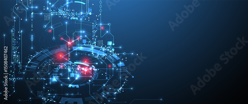 Digital circuit visualization vector background.  Blue board pattern with interconnected lines, nodes, and binary code.