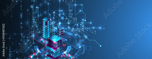 Digital circuit visualization vector background.  Blue board pattern with interconnected lines, nodes, and binary code.