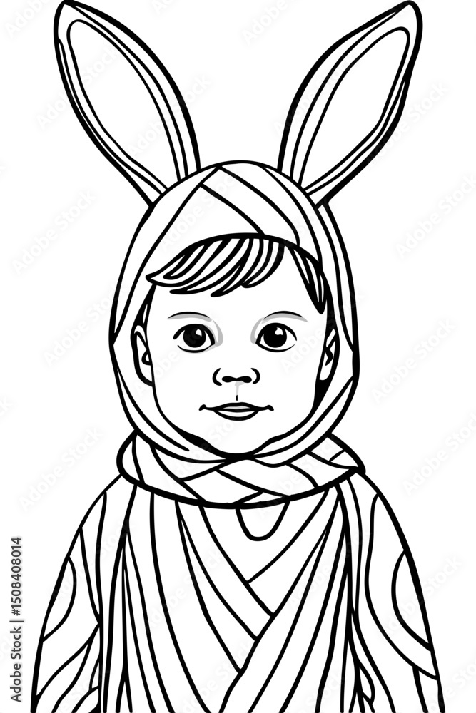 Obraz premium Child in bunny costume with ears smiling for coloring pages 