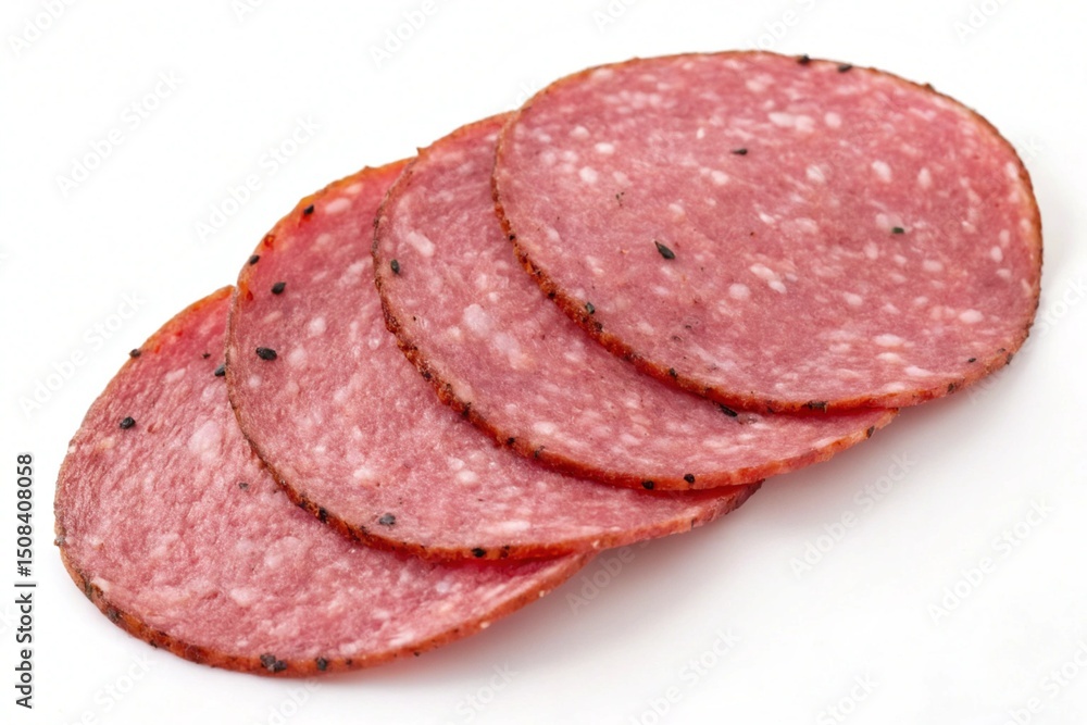 Four slices of peppered salami arranged overlapping isolated on white background Four slices of peppered salami arranged overlapping isolated on white background