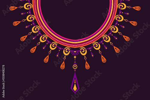 Boho tribal-inspired collar ornament design featuring deep plum, royal orange, and hot pink tones. Perfect for ethnic fashion prints, kurta necklines, tunic designs, or digital textile artwork