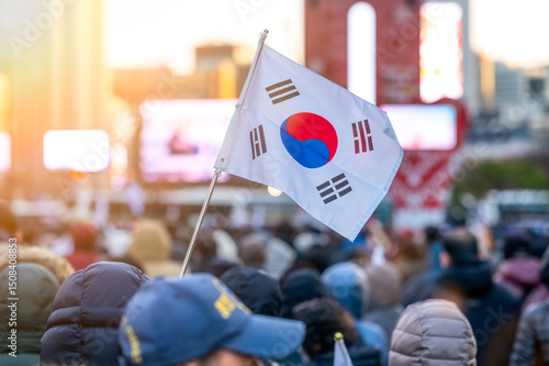 South Korean flag flies at protest rally Political expression of South Korean citizens in Seoul