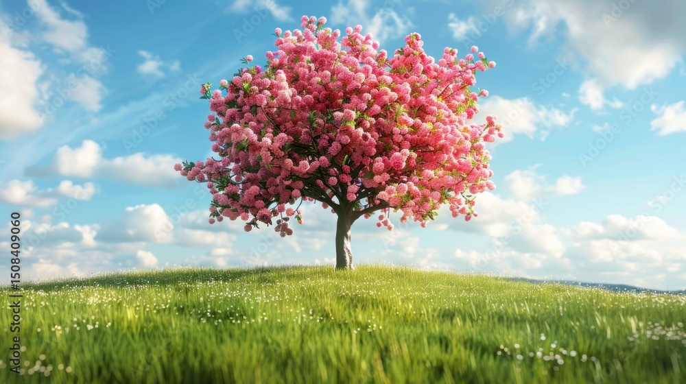 A vibrant pink cherry blossom tree stands tall on a lush green hillside, with a clear blue sky and fluffy white clouds as its backdrop. A vibrant pink cherry blossom tree stands tall on a lush green hillside, with a clear blue sky and fluffy white clouds as its backdrop.