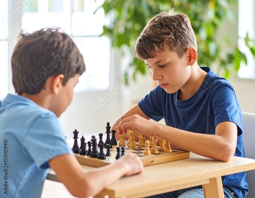 Two boys intently play chess at a small wooden table indoors
