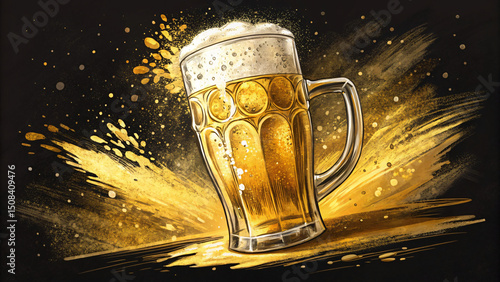 Vintage illustration of cold beer mug on black