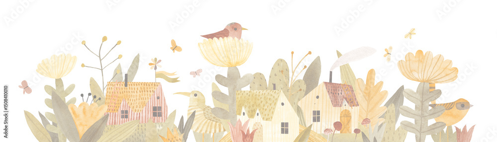 custom made wallpaper toronto digitalWatercolor illustration with cute village houses, wildflowers, herbs and butterflies. Panoramic horizontal isolated illustration. Horizontal banner.