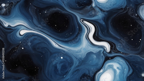 Abstract fluid art background with swirling blues and white with speckled star-like elements