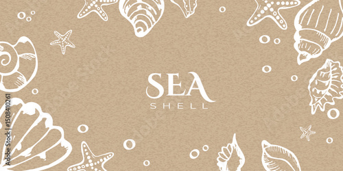 Modern Trendy Banner or Template with Doodle Hand Drawn Sea Shell on Kraft Paper Background. Cute Elegant Seashell Wedding Birthday Invitation Greeting Card Poster. Vector Design Concept Vintage Style