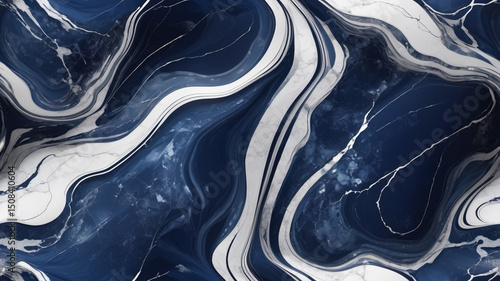 Abstract navy and white marble swirl texture background with organic flowing patterns.
