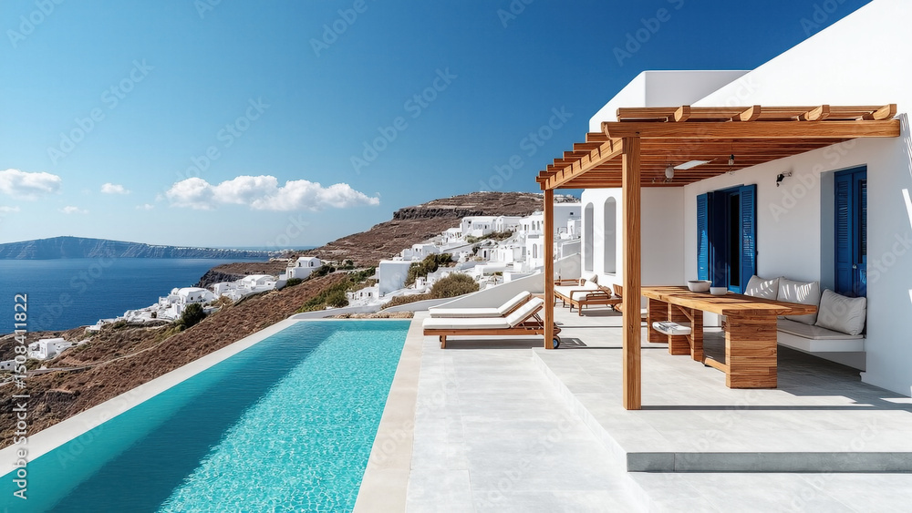 Fototapeta premium A luxurious white villa with turquoise window shutters and a wooden pergola overlooks a stunning coastal view, featuring an inviting infinity pool and sun loungers under the bright sun.