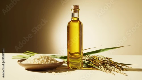 Orbit and zoom on rice oil bottle, bowl of rice, and rice stalks in sunlit still life