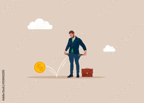 Upset businessman showing empty pocket with no money. Broke man, financial problem due to jobless or bankruptcy.