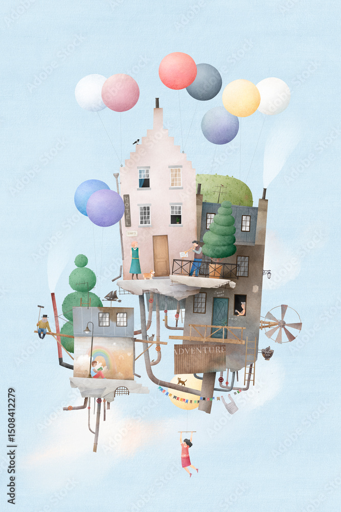 custom made wallpaper toronto digitalCute old town. Flying houses, townspeople, trees, balloons, blue sky. Wall art. Design for a children's room, poster, postcard. Watercolor illustration. Vintage style.