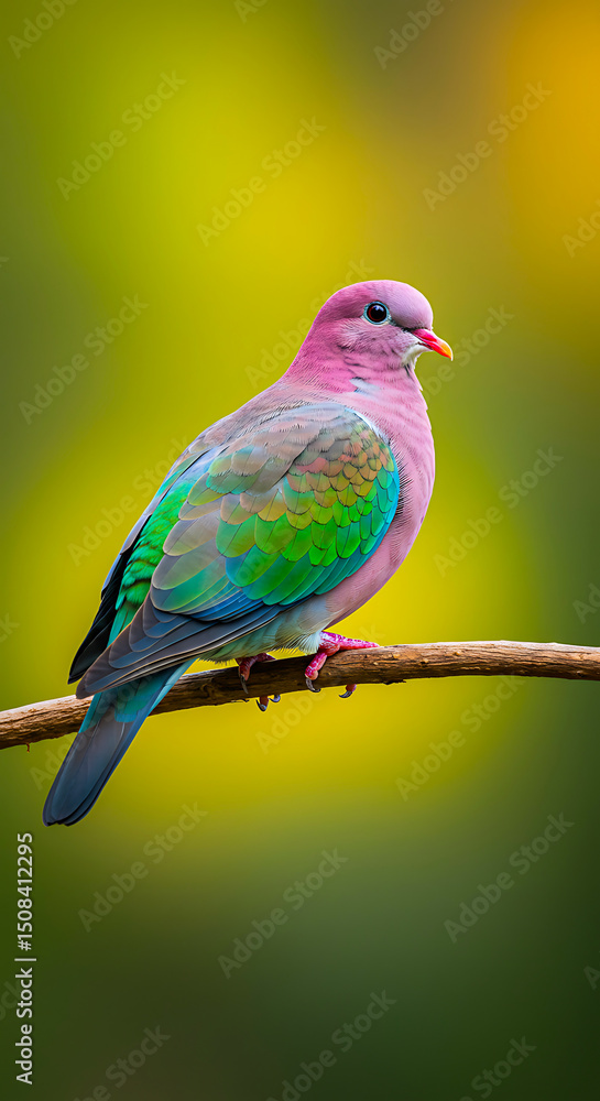 Obraz premium Hyper-detailed photorealistic close-up of colorful dove with pink beak and feet, perched on natural branch, intricate feather textures, soft golden-green bokeh, cinematic natural lighting