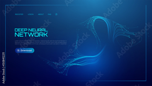 Neural network background with AI data in abstract tech waves. Blue science with artificial flow and digital light vector lines. Future graphic technology pattern in 3D banner concept design.