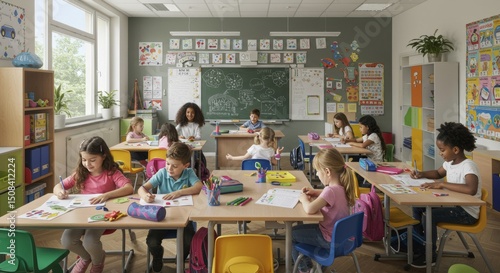 Children study in colorful classroom