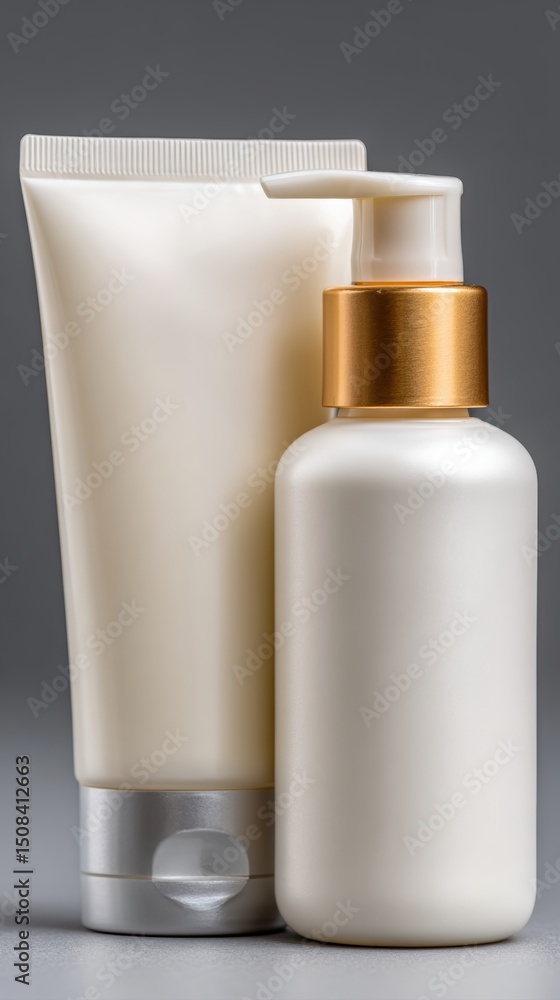 Two cosmetic containers, a tube and a pump bottle, with a clean minimalist design, placed side by side on a neutral background. Two cosmetic containers, a tube and a pump bottle, with a clean minimalist design, placed side by side on a neutral background.