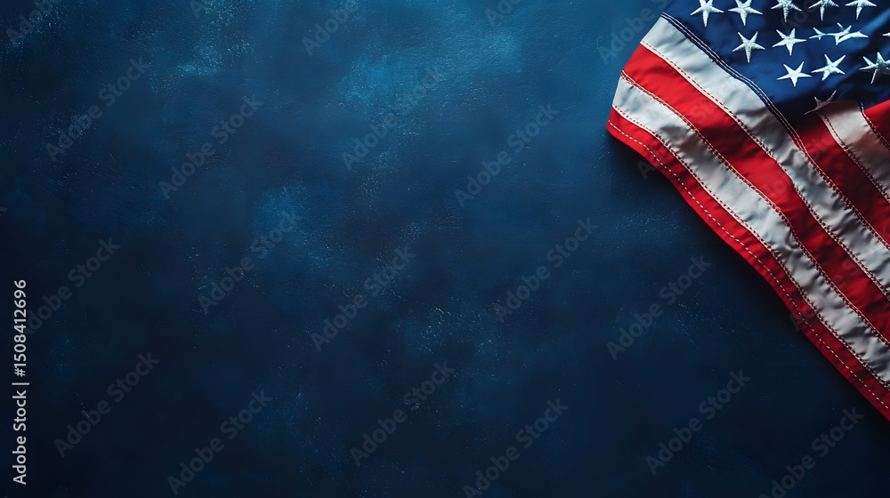 Obraz premium Patriotic American Flag Close-up on Dark Blue Background for July 4 Memorial Day Election Banner