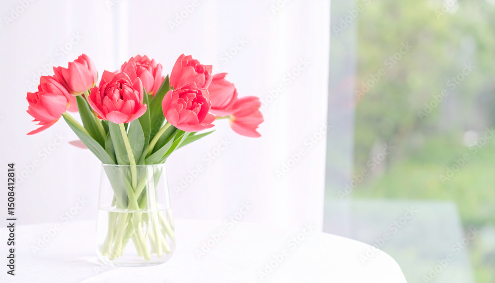 Fototapeta premium Bright red tulips in a clear vase positioned by a sunlight-filled window with sheer curtains