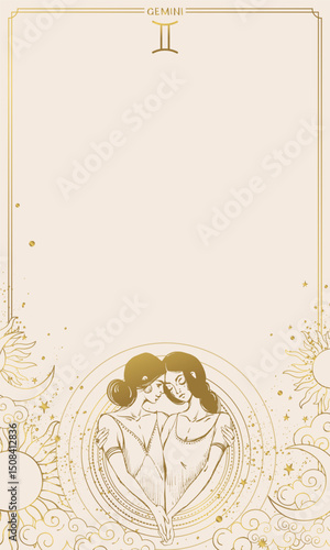 Gemini zodiac sign on beige aesthetic background with copy space, astrological symbols, modern horoscope chart. Mystical hand drawn vector illustration.