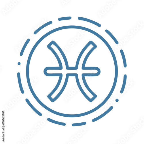 Minimal line illustration of the Pisces zodiac sign in a circular blue frame, representing intuition and water element in astrology.
