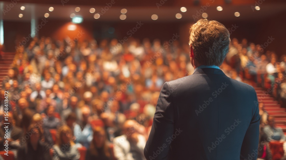 man talking infront of an audience hall with many people man talking infront of an audience hall with many people