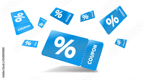 Blue coupons with percentage fly away on white background. Vector illustration